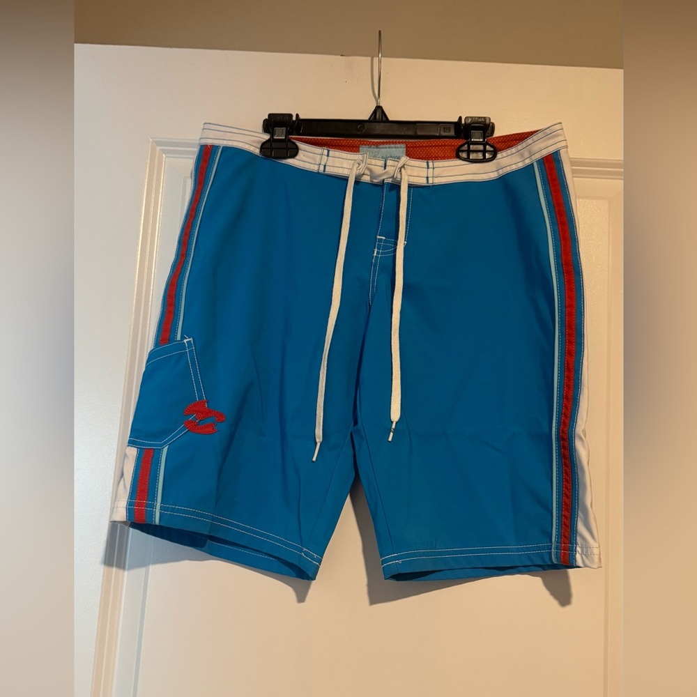 Billabong Blue and Red Board Shorts with Athletic Stripes